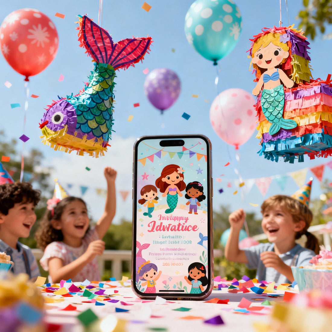 "Niños celebrando una fiesta temática al aire libre con piñatas artesanales de sirena y personajes, decoración con globos y confeti, y una invitación digital mostrada en la pantalla de un smartphone sobre la mesa.